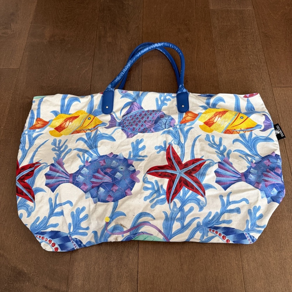 Sivarovski Canvas Beach Bag Tote Overnight Fish Multi X-Large